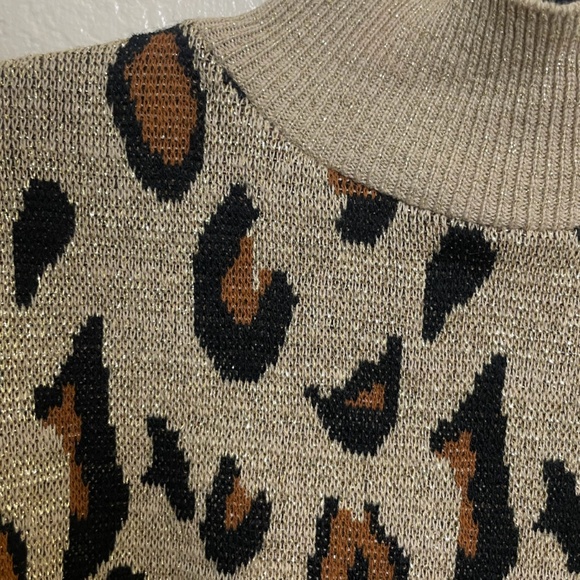 Leopard Shimmer Glitter Boho Mock Neck Hipster Hippie Art Chic Glam Farm Sweater - Picture 3 of 4